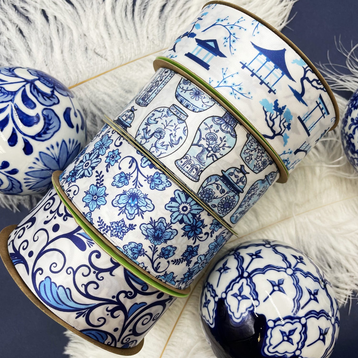 Japanese garden ribbon in blue and white Chinoiserie style printed on 1 ...
