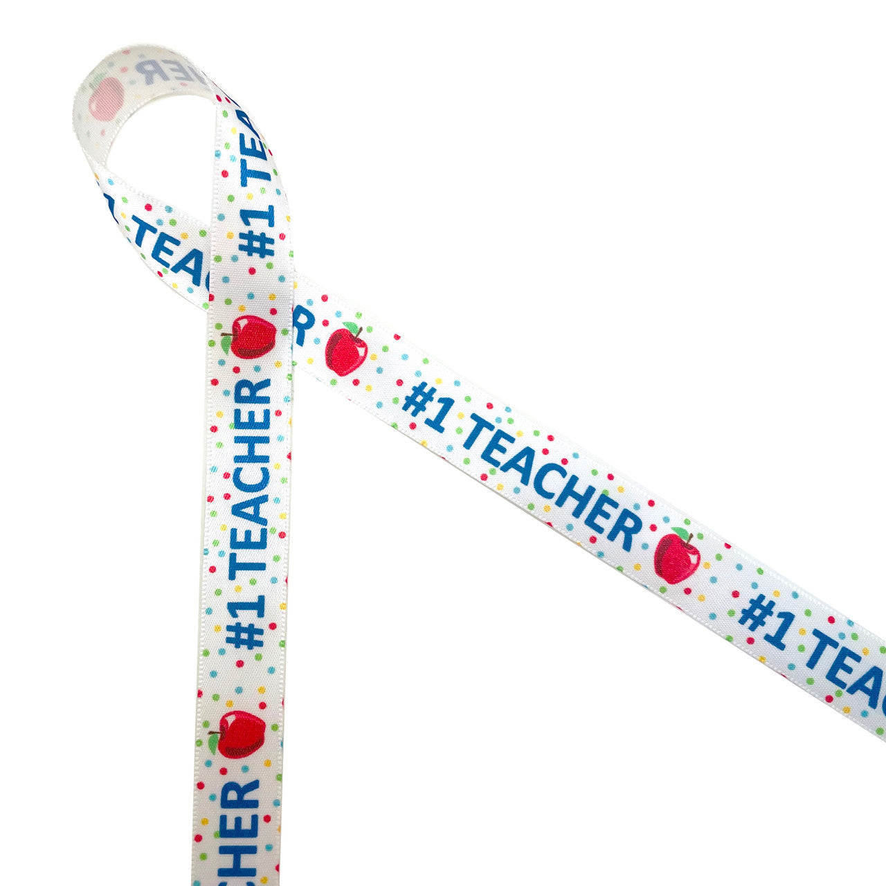 Teacher ribbon featuring #1 Teacher in royal blue with an apple on a polka dot background printed on 5/8" white single face satin is a fun ribbon for back to school events! This is a great ribbon for teacher appreciation, first day of school, last day of school and school themed crafts! All our ribbon is designed and printed in the USA