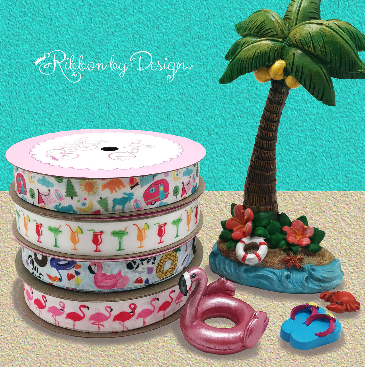 Mix our pool float ribbon with flamingos, summer drinks, flamingos and glamping ribbonfor a complete Summer party theme!