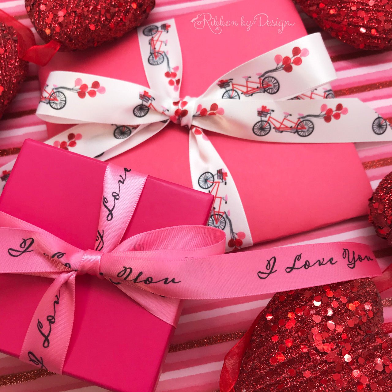 Valentine ribbon I Love You in black script printed on 5/8 hot pink single  face satin, 10 yards