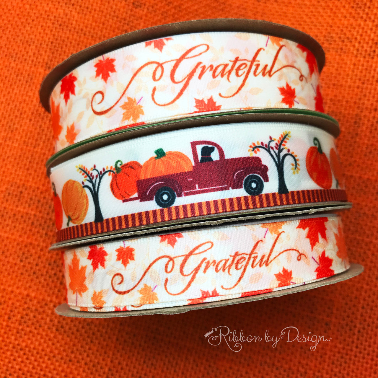 Mix and match our Grateful ribbon with our Fall pumpkin truck! This fun combination is perfect for all those Fall and Thanksgiving gifts and craft projects!