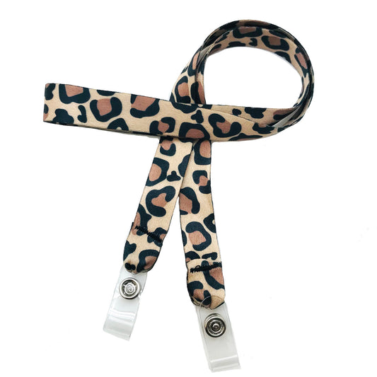 24" mask holder with soft plastic snap closures printed with our Cheetha/Leopard design printed on both sides on  5/8" Ultra Lanyard material is  perfect for adults to keep track of face masks at  work, school, sports practice, lunch and break time.
