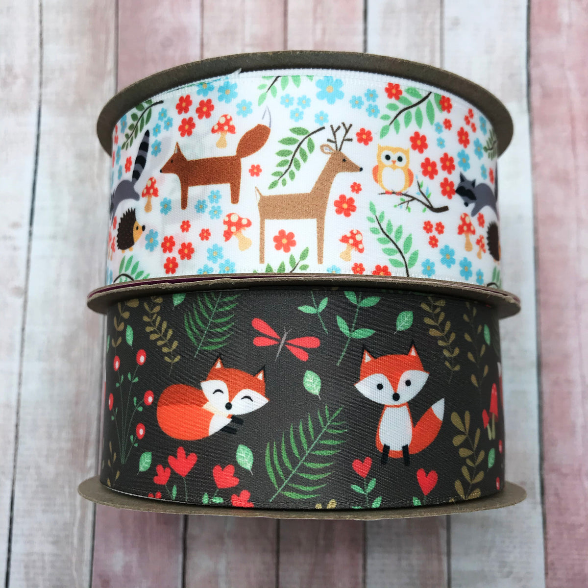 Timberwolf Ribbon Baby fox in a woodland setting with fern, leaves and whimsical red ...