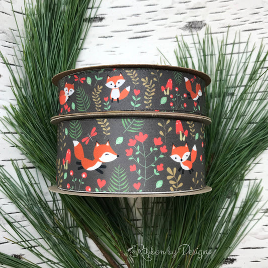 Woodland Fox ribbon with red flowers and fern on a dark green background printed on  7/8" and 1.5" white single face satin ribbon
