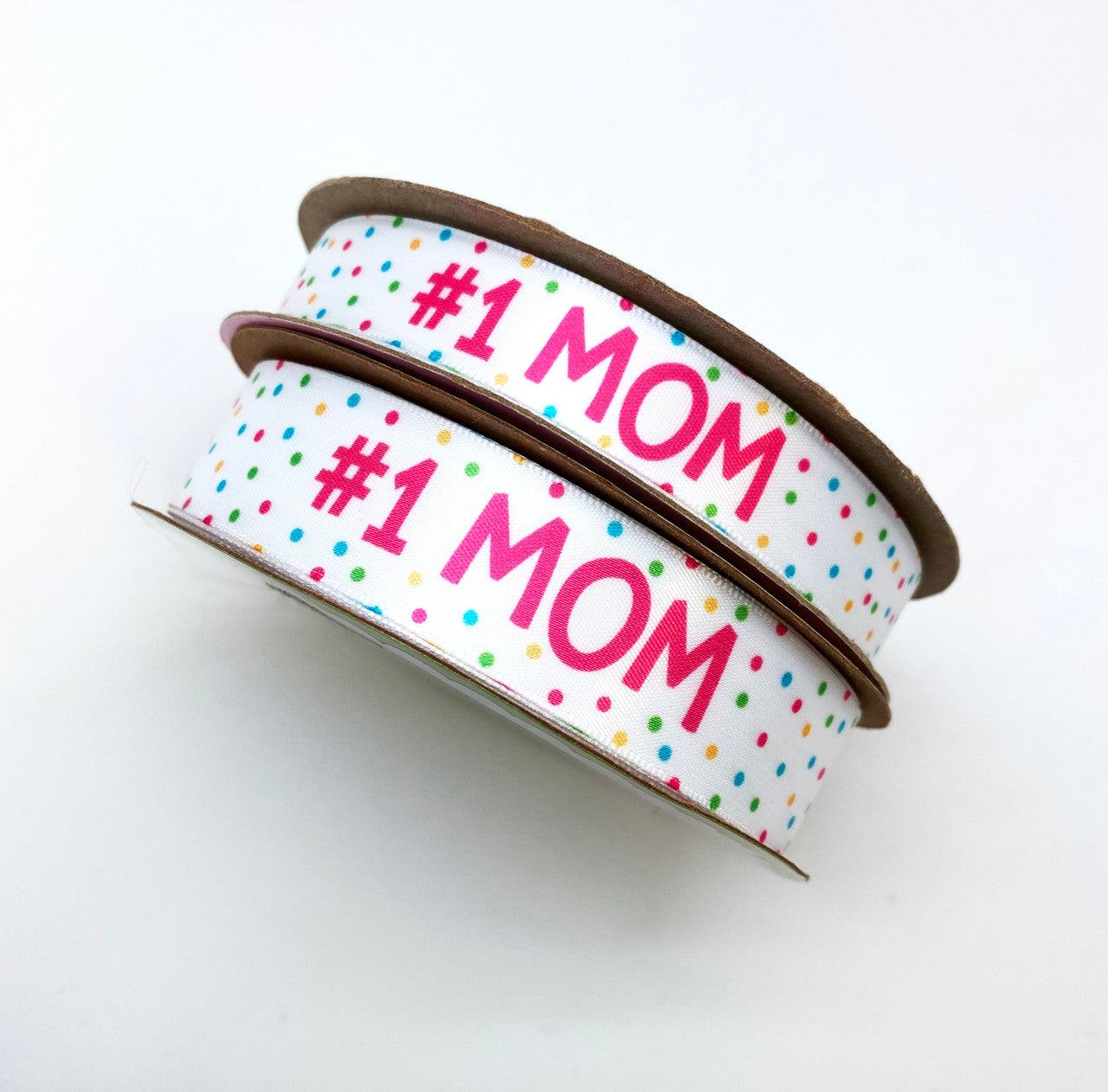 Mother's Day Mom ribbon in pink lettering with a pink, rose gold and sage  floral design printed on 7/8 white single face satin, 10 yards