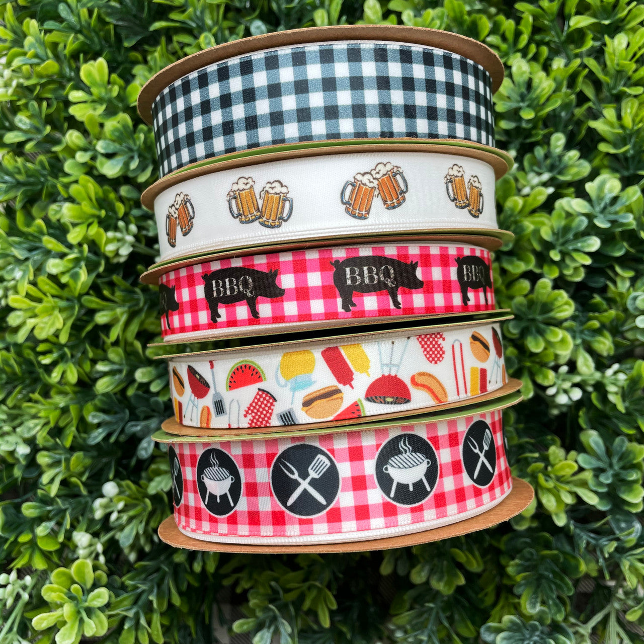 We have an array of barbecue themed ribbons perfect for every event and occasion! Use the 5/8" ribbons for party decor and favors! The 7/8" ribbons are perfect for gift wrap and center pieces for the tables!