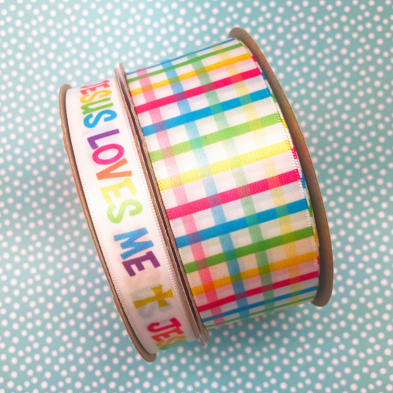 Jesus Loves Me Christian ribbon with rainbow print on 5/8