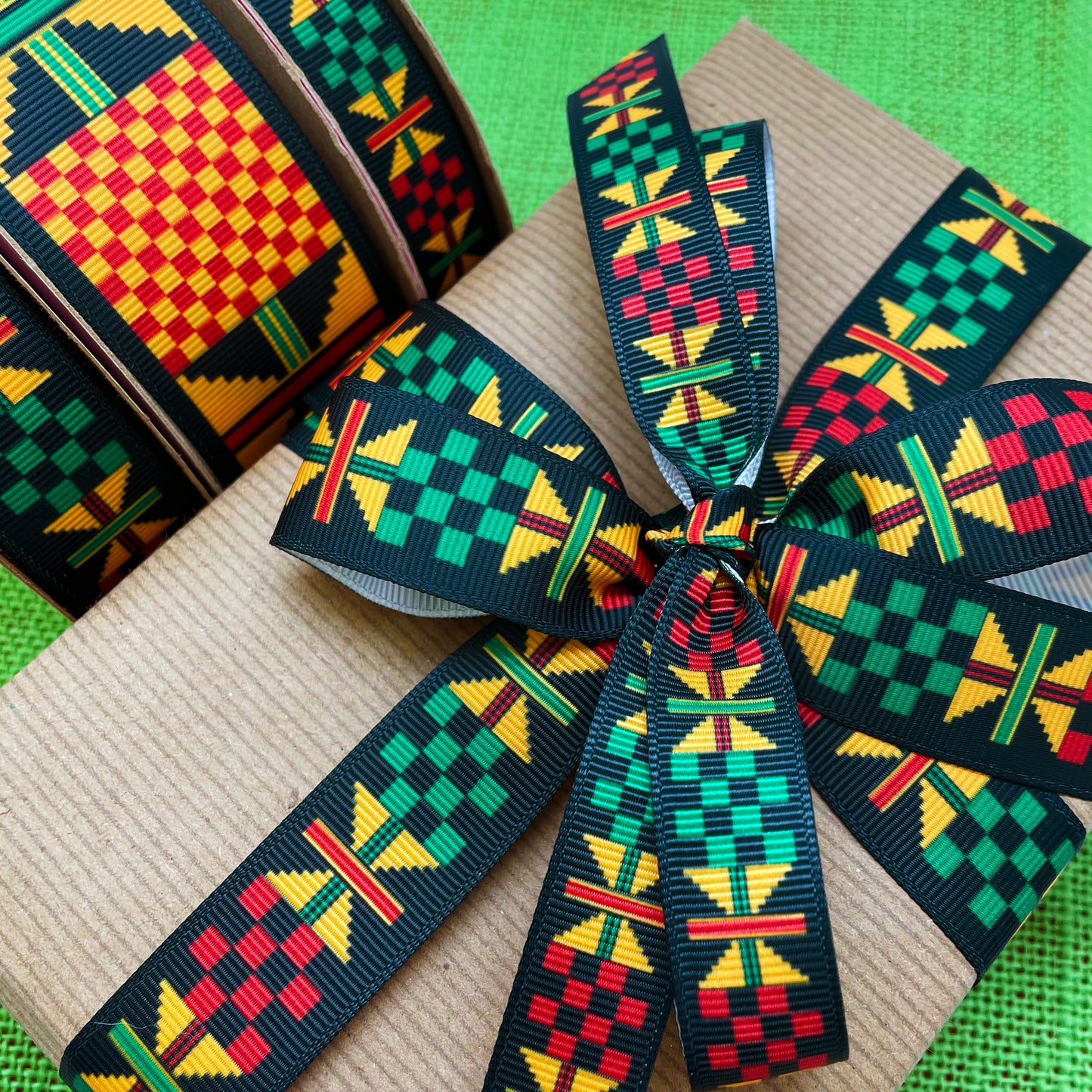 Ankara Kente ribbon African design yellow, green, black printed on 5/8",  7/8"and 1.5" white grosgrain ribbon