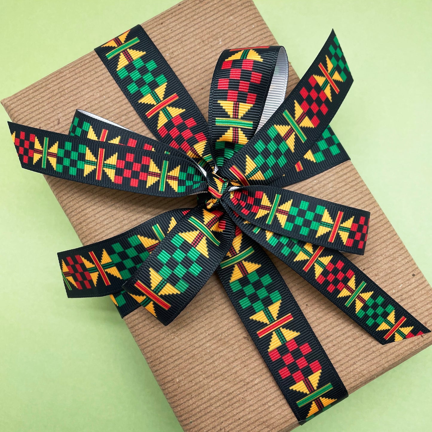 Ankara Kente ribbon African design yellow, green, black printed on 5/8",  7/8"and 1.5" white grosgrain ribbon