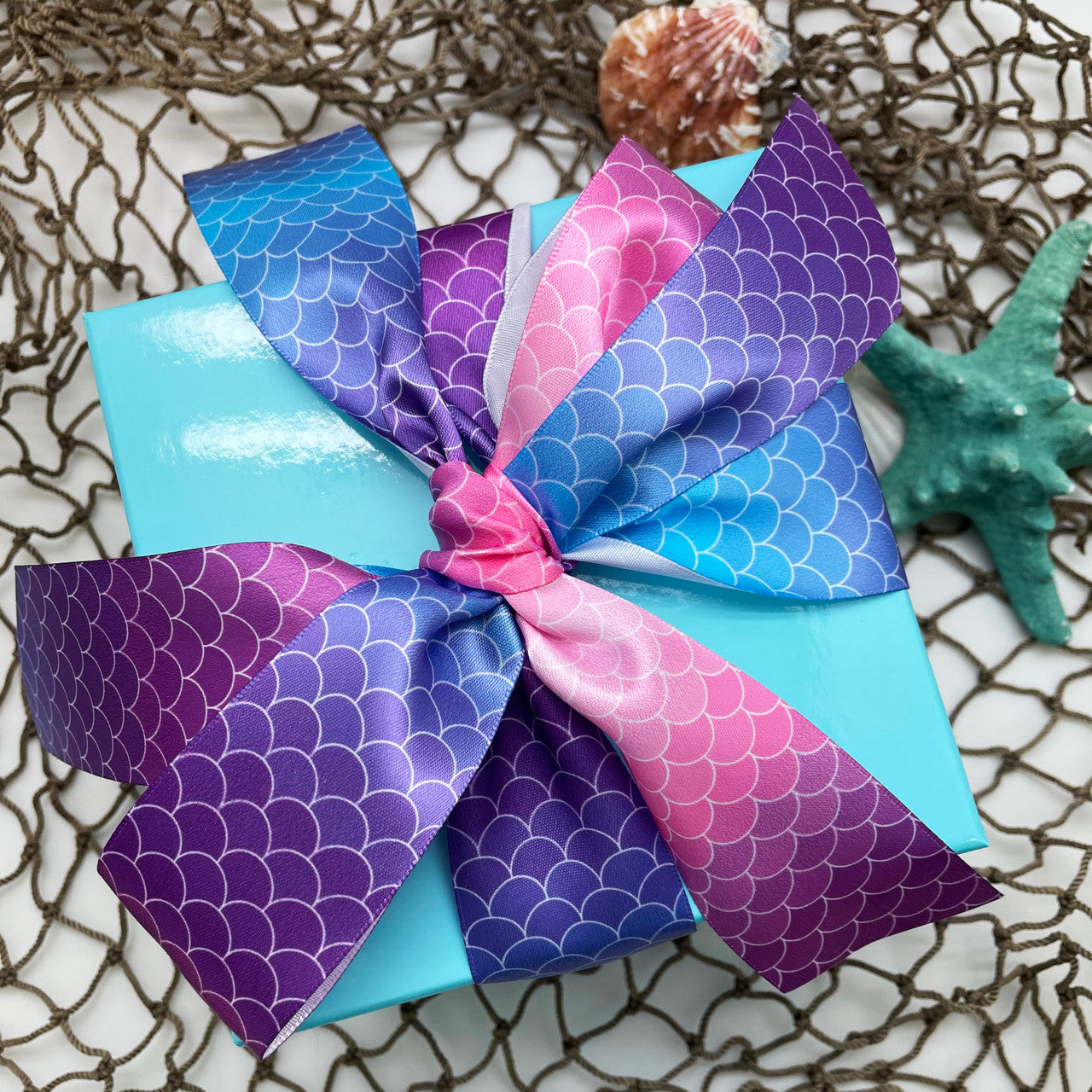 Mermaid theme ribbon in ombre fish scales purple to pink printed on 1.5 ...