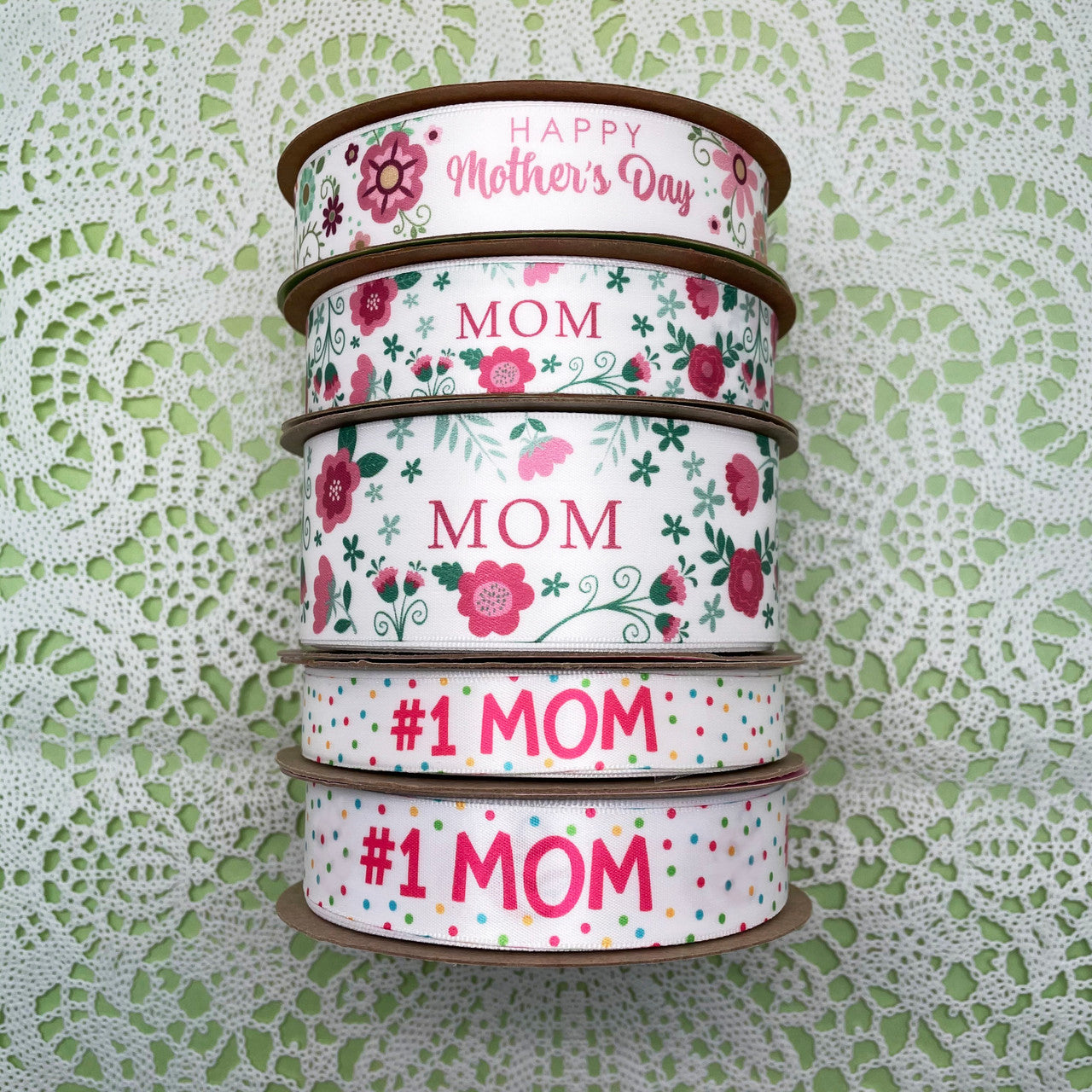 Mother's Day ribbon # 1 Mom on 5/8" white single face satin