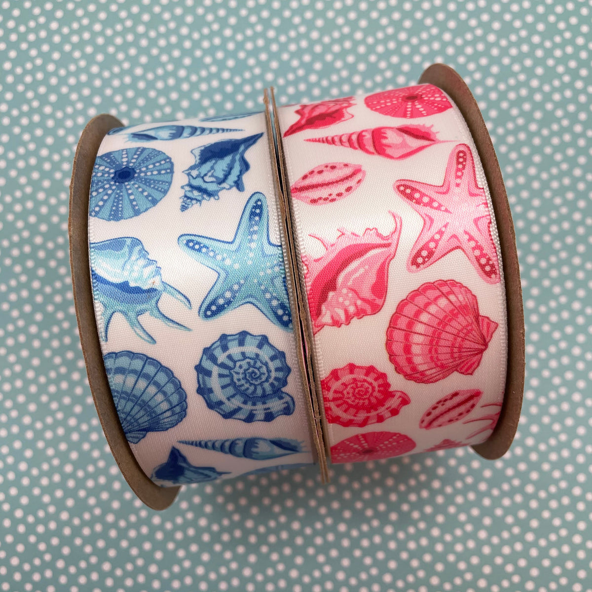 Shell Ribbons Seashell ribbon in pink printed on white single face satin ribbon, 10 Yards