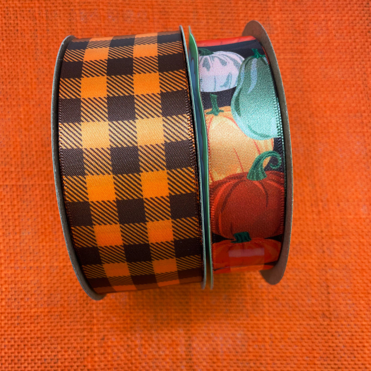 Mix and match this ribbon with our 1.5" brown and tangerine gingham check ribbon for fun Fall wreaths!