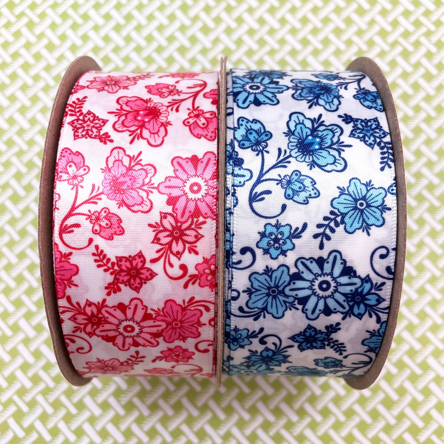 Chinoiserie Ginger jar floral design ribbon in blue and white printed on 1.5" white single face satin