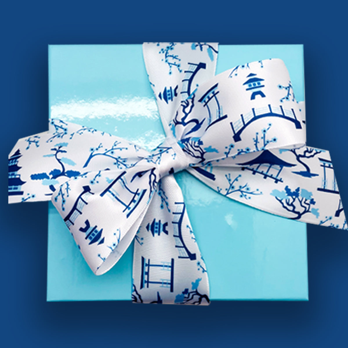 Japanese garden ribbon in blue and white Chinoiserie style printed on 1 ...