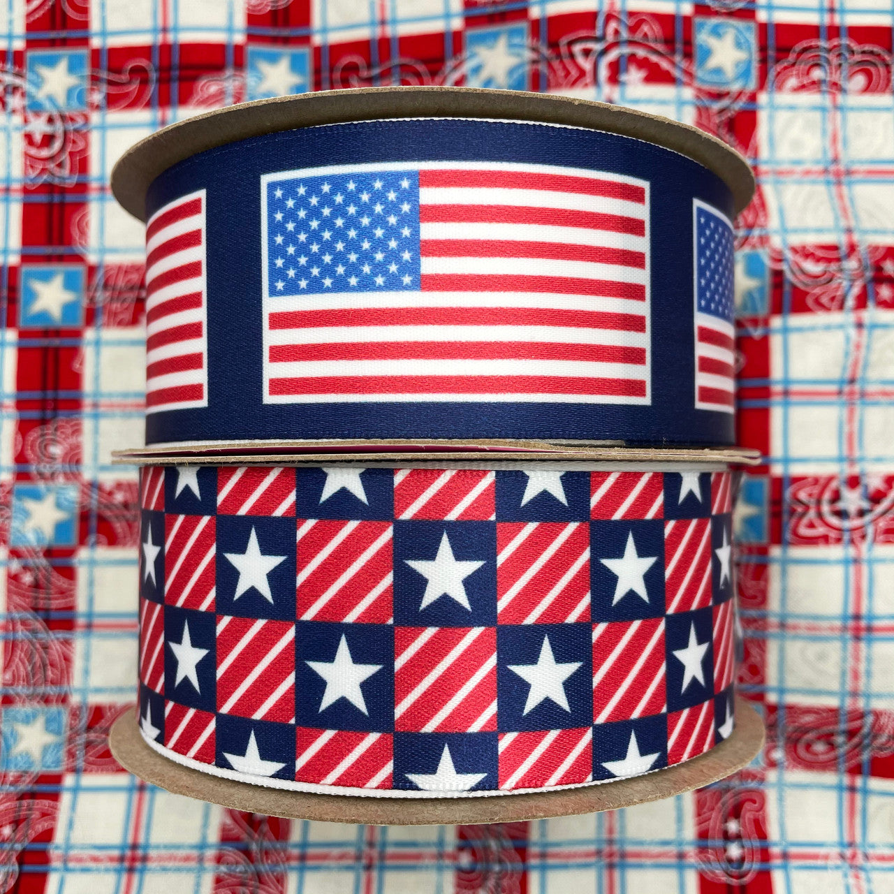 Mix and match our stars and stripe checks with our American Flag ribbon for a beautiful Patriotic display!