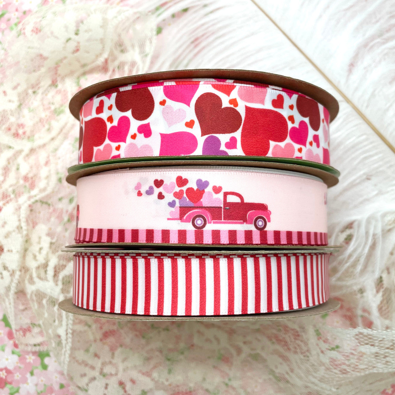 Valentine ribbon red truck with hearts printed on 7/8" pink satin
