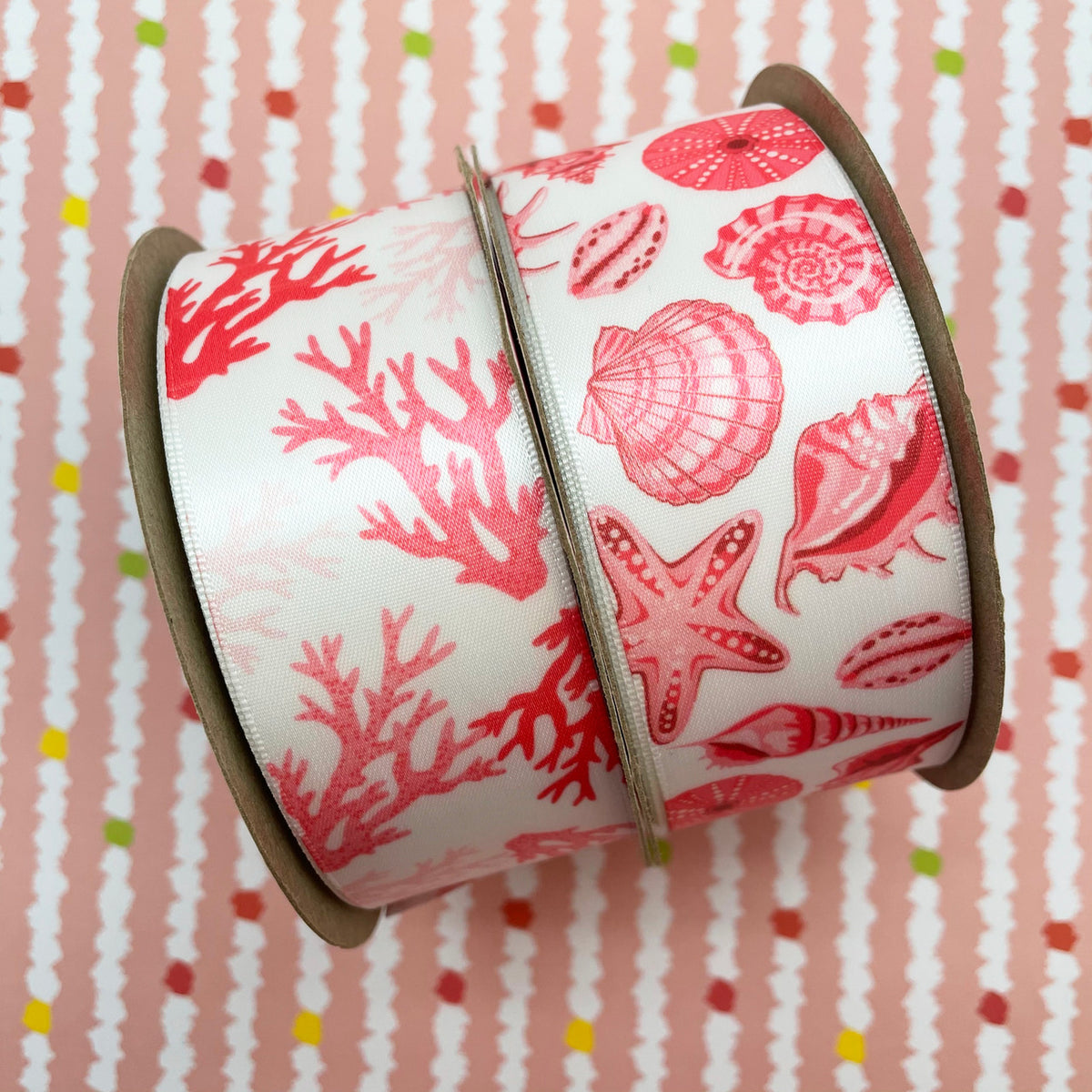 Shell Ribbons Seashell ribbon in pink printed on white single face satin ribbon, 10 Yards