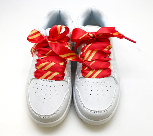 Satin shoelaces tie Red and yellow stripes design is perfect for adding some fun and fashion to your sneakers! This is a great shoelace for fun dance shoes, wedding shoes, cheerleading and recitals! All our ribbon shoelaces are printed using dye sublimation technology and can be washed, ironed and re-used! All our laces are designed and printed in the USA
