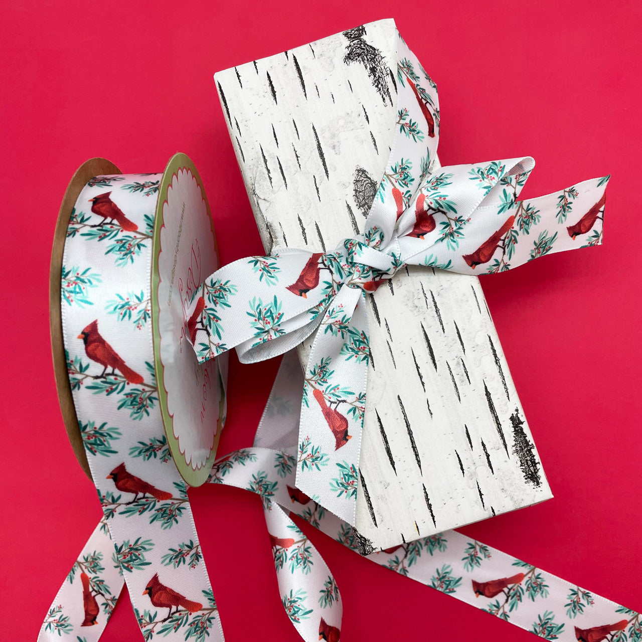 Our cardinal ribbon makes a handsome statement on a simple birch bark print wrapping paper!