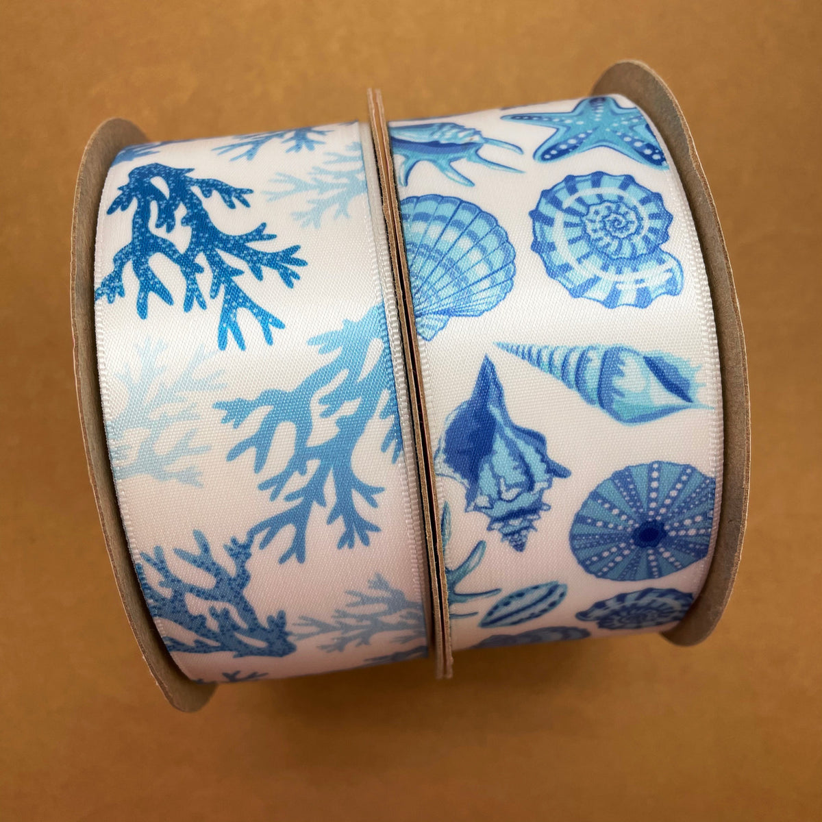 Shell Ribbons Seashell ribbon in blue printed on white single face satin ribbon, 10 Yards