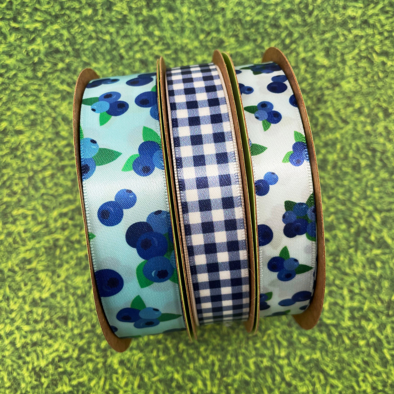 Our blueberries ribbon is available in 5/8" and 7/8" widths! Mix and match with our gingham ribbons for a Summer farm  house look!