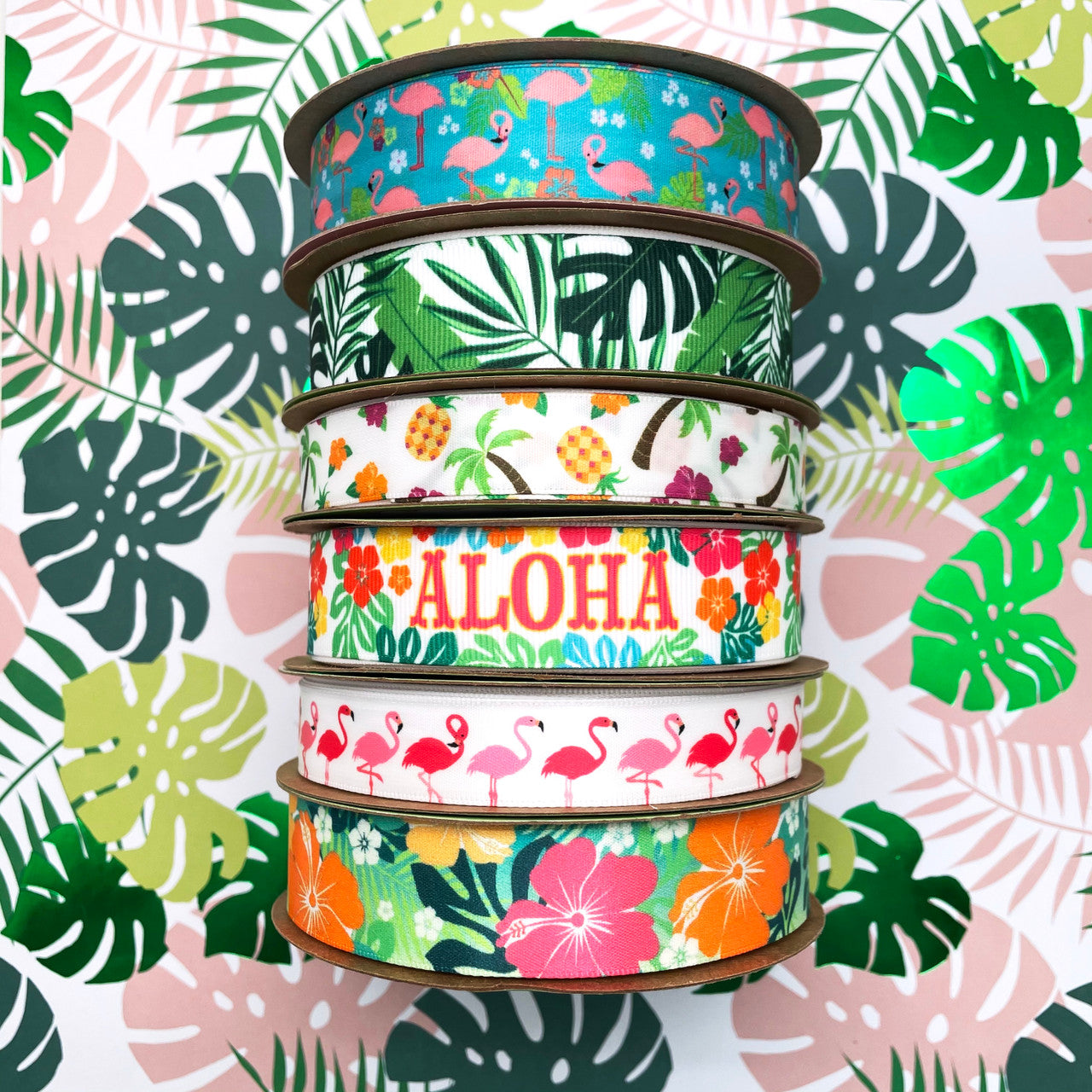 We have a large collection of tropical themed ribbons perfect for mixing and matching for a tropical themed party.