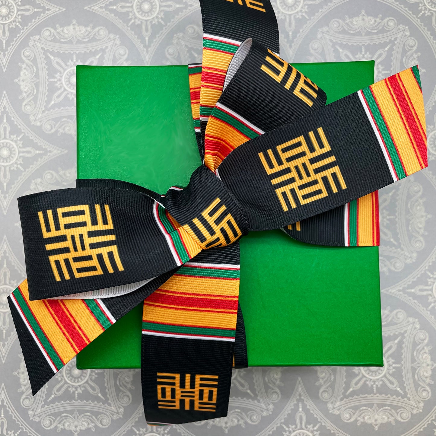 African Tribal ribbon Kente design with education stole i printed on 1.5" white grosgrain