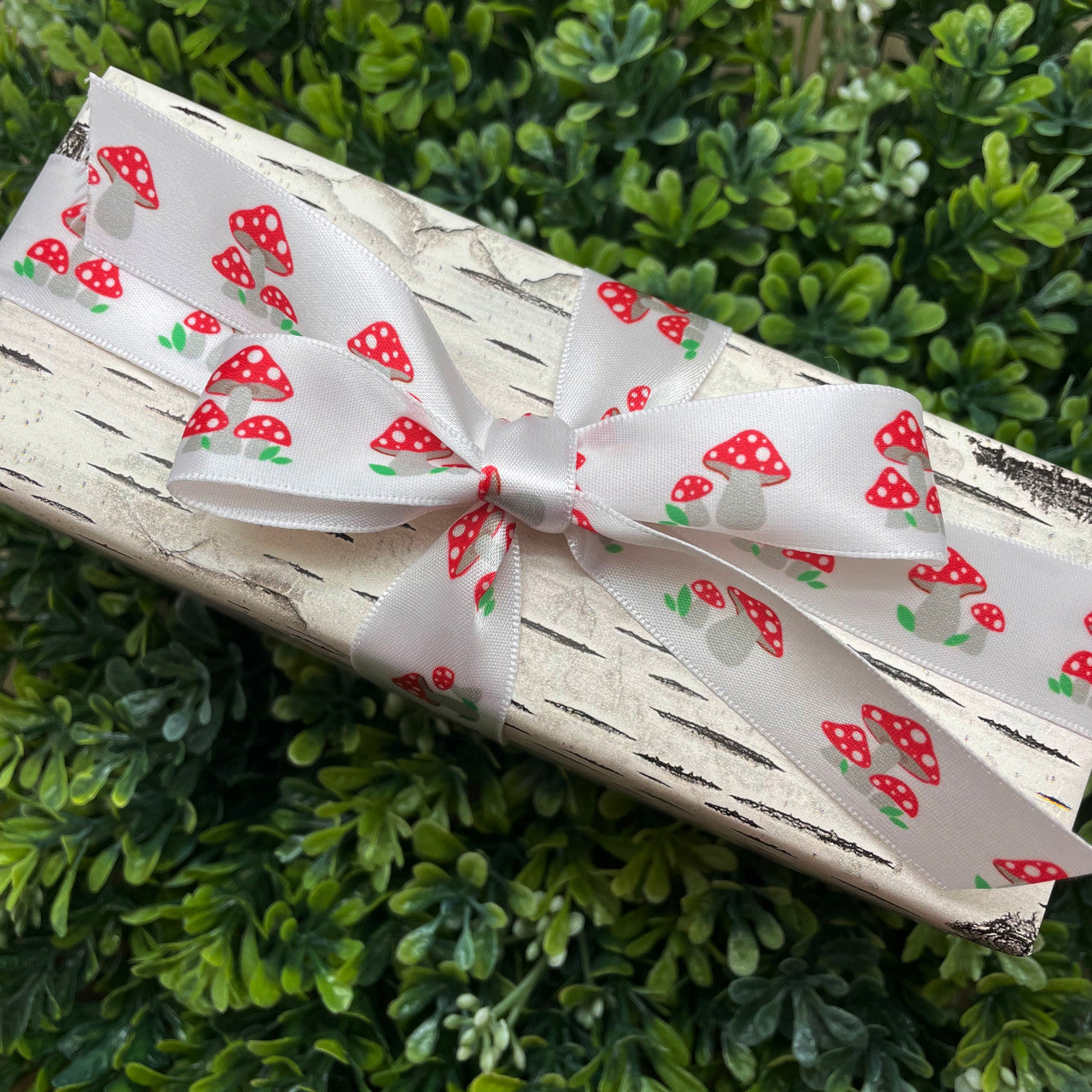 Our sweet mushroom ribbon makes a pretty bow for gift wrap anytime of the year!