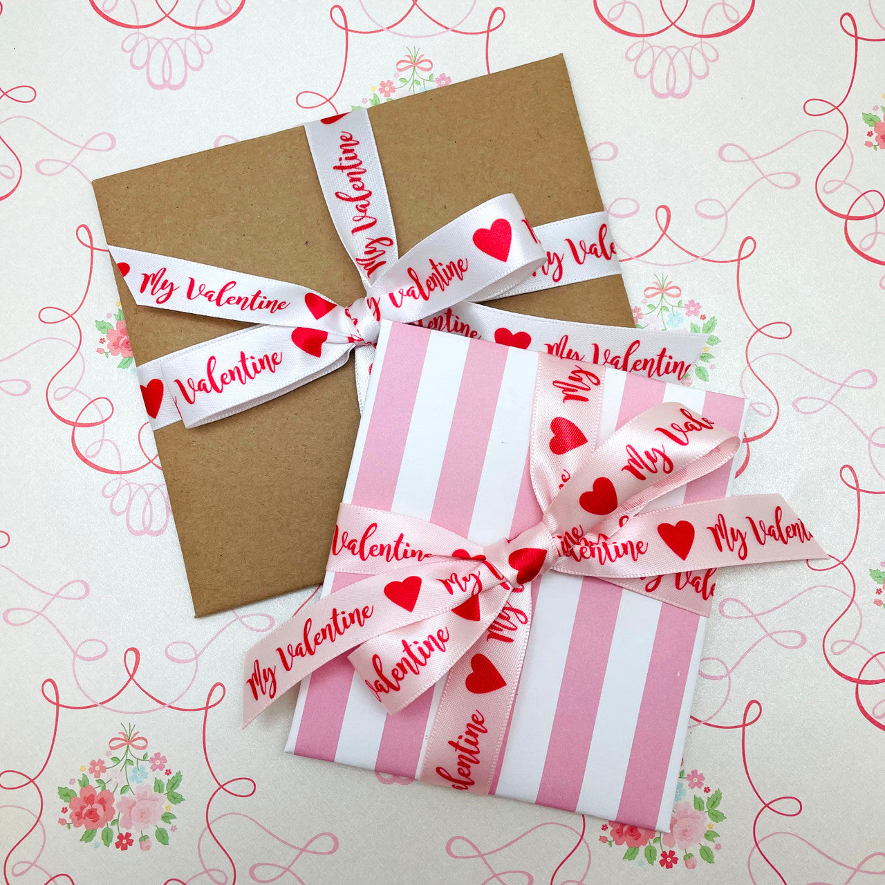 My Valentine in red with red hearts printed on 5/8 white single face satin  ribbon, 10 yards