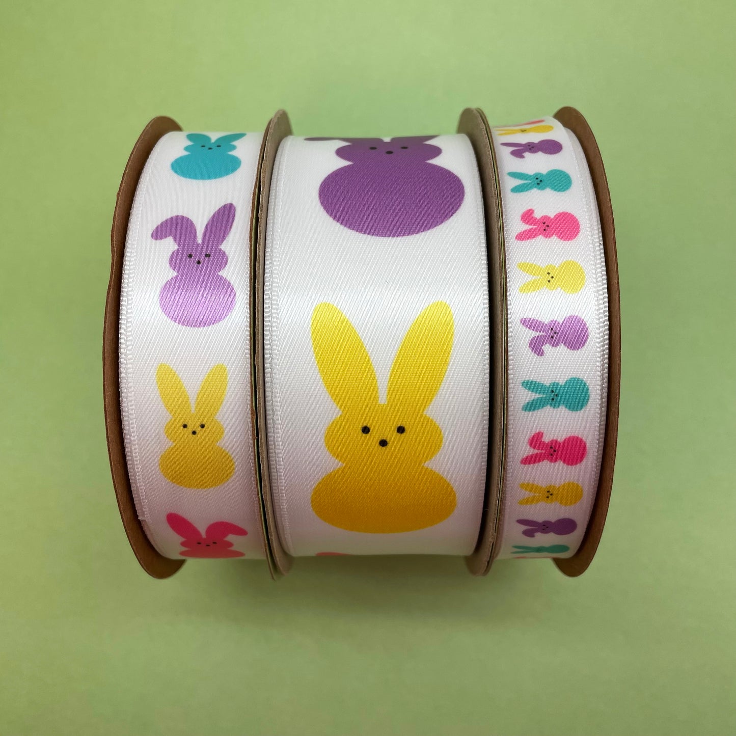 Easter ribbon peeps bunnies for Easter baskets, gift wrap, favors, candy shops, chocolatiers printed on 5/8" white satin