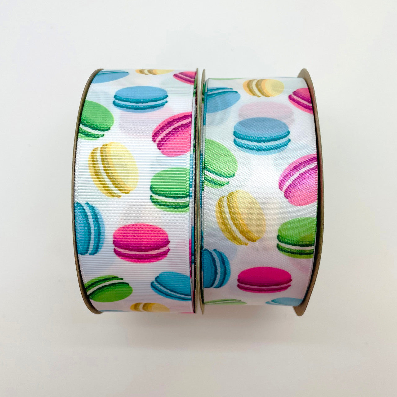Our fun macaroon ribbon is printed on 1.5" grosgrain and satin for all your crafting needs!