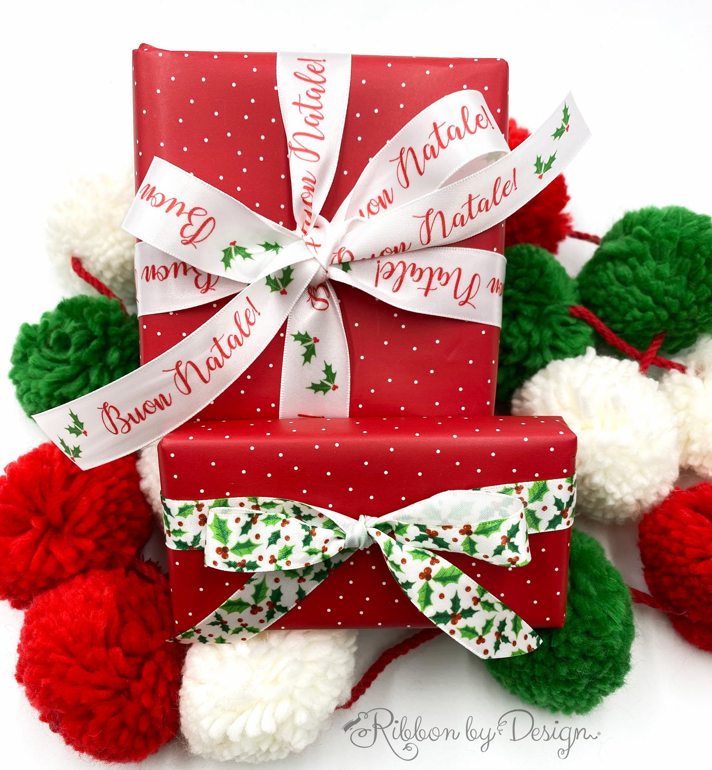 Buon Natale Ribbon with green holly leaves and red berries on 5/8" white single face satin