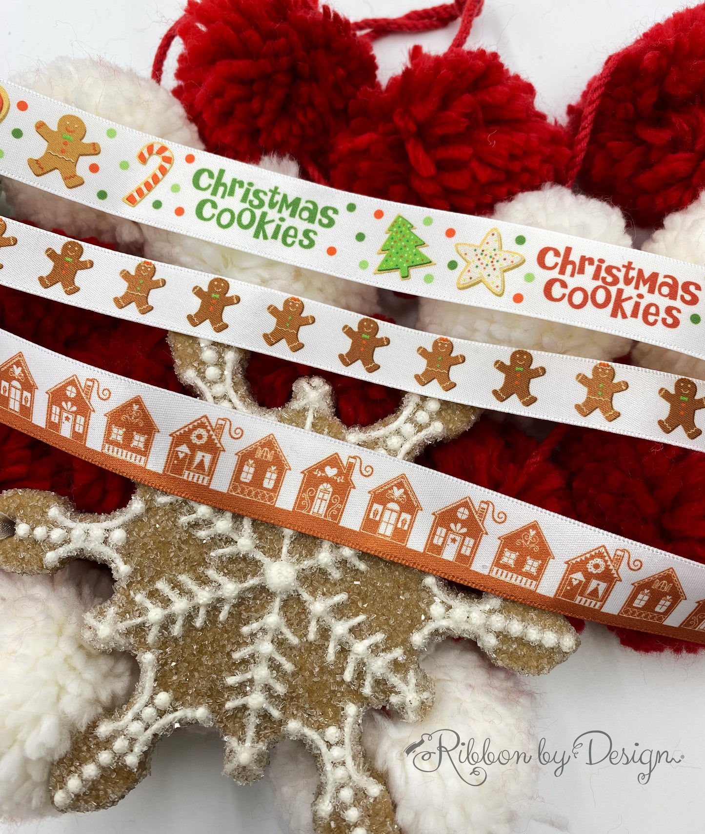 Gingerbread Men Ribbon Gingerbread cookies with green and red bows printed on 5/8" white satin and grosgrain