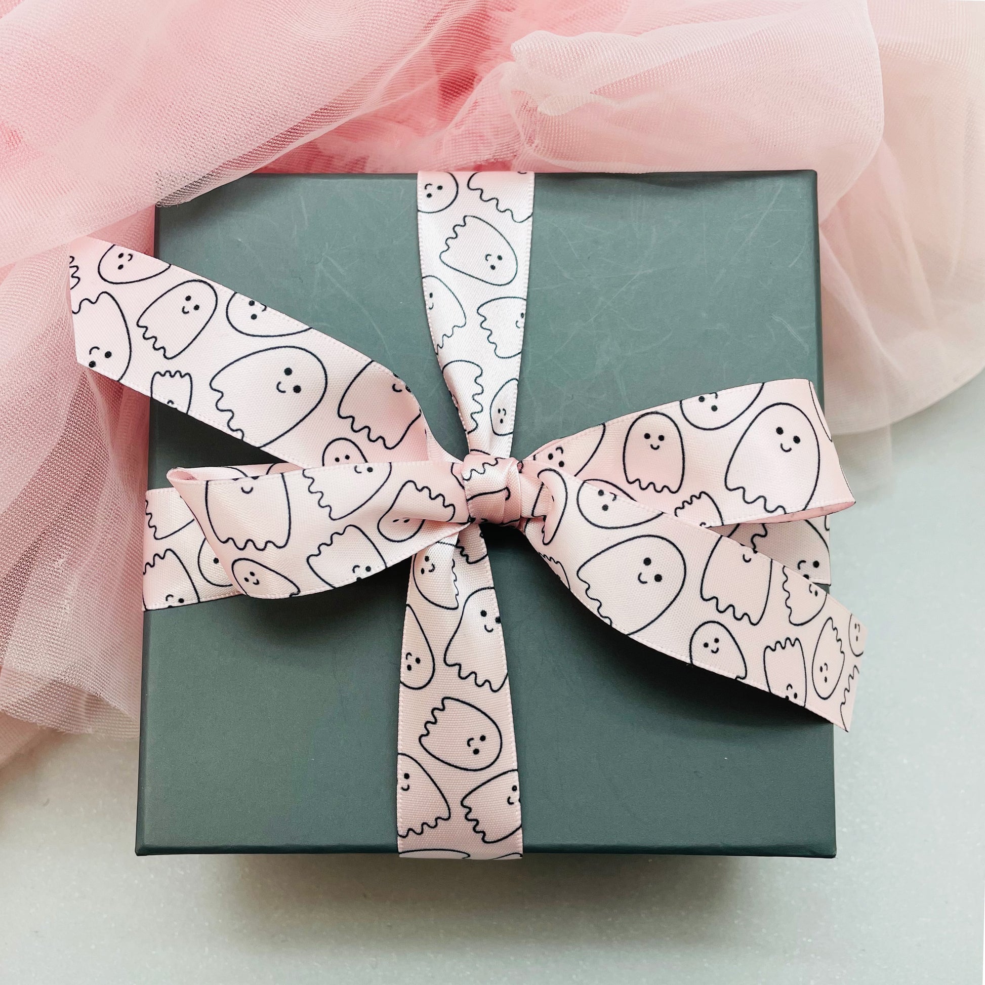 Ghost ribbon baby ghost outlined in black printed on 7/8