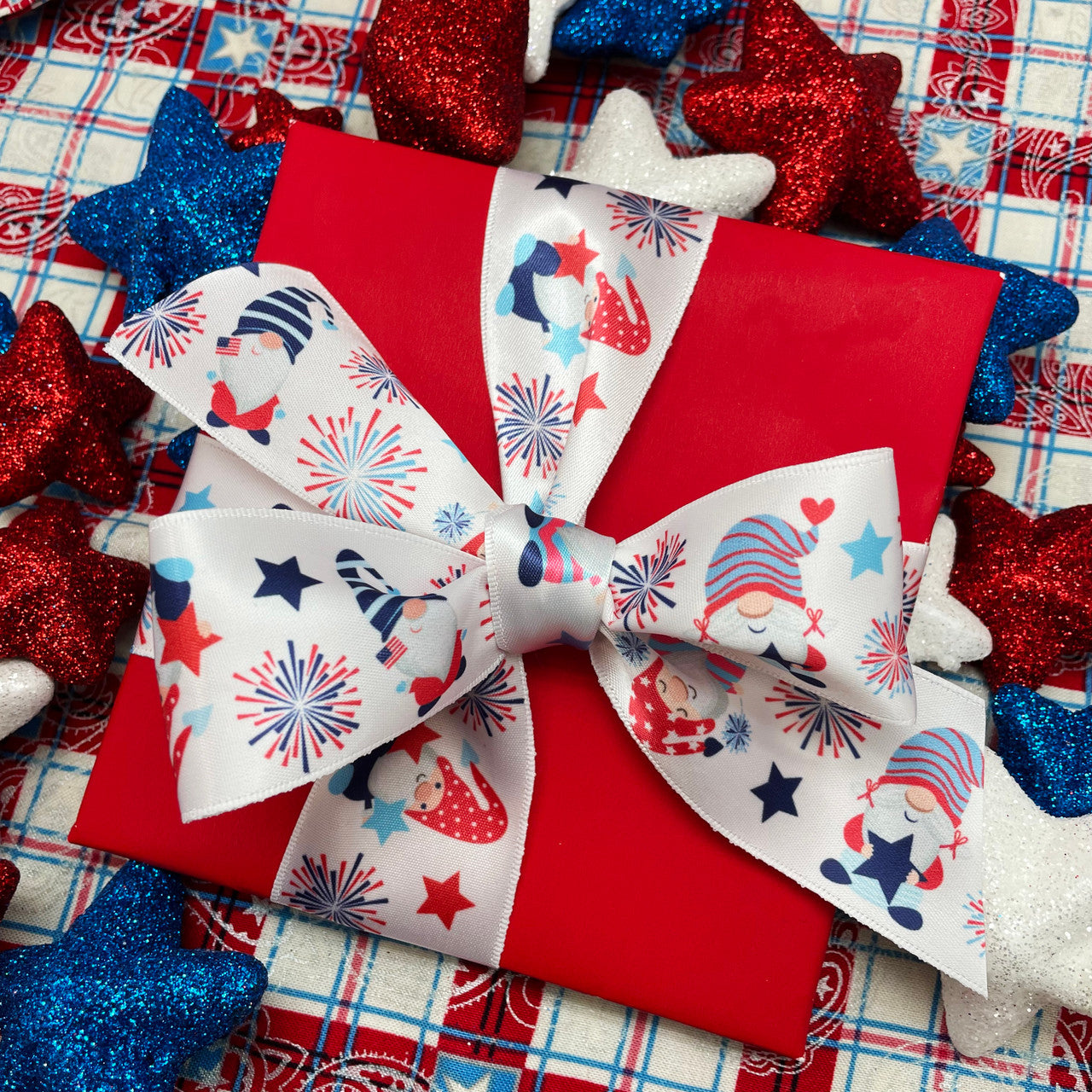Patriotic Gnome ribbon for 4th of July,  printed on 1.5" white satin