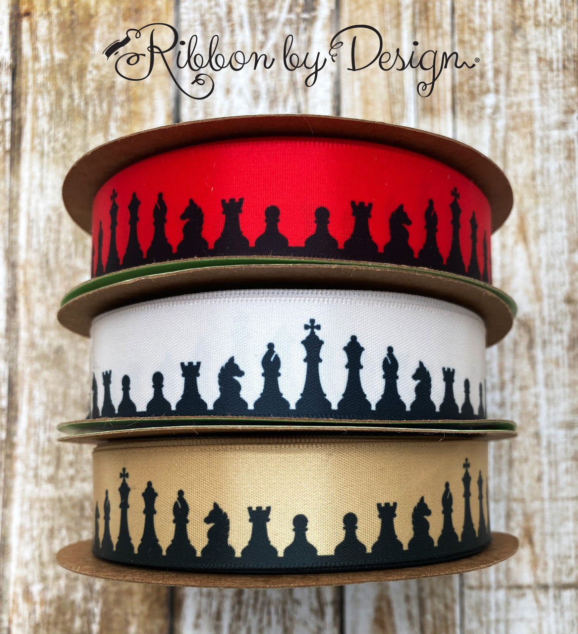 Our chess themed ribbon comes in three colors, red, gold and tan for mixing and matching your chess or gaming themed craft projects.