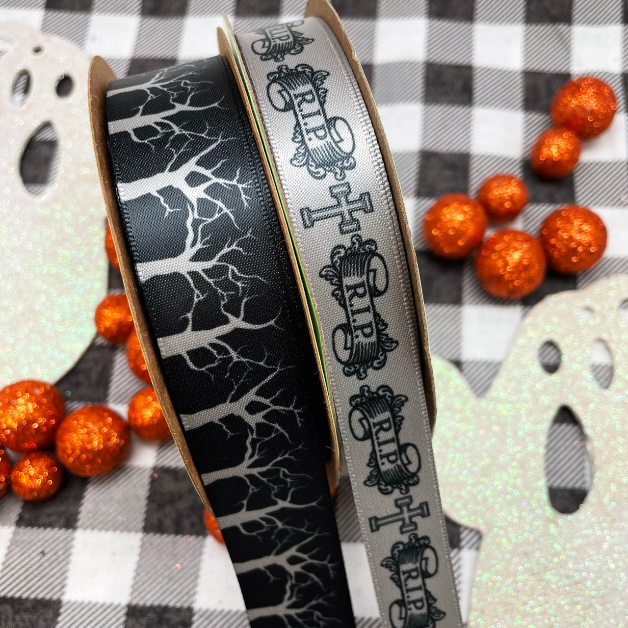 Mix and match our RIP ribbon with scary trees for truly spooky Halloween decor!