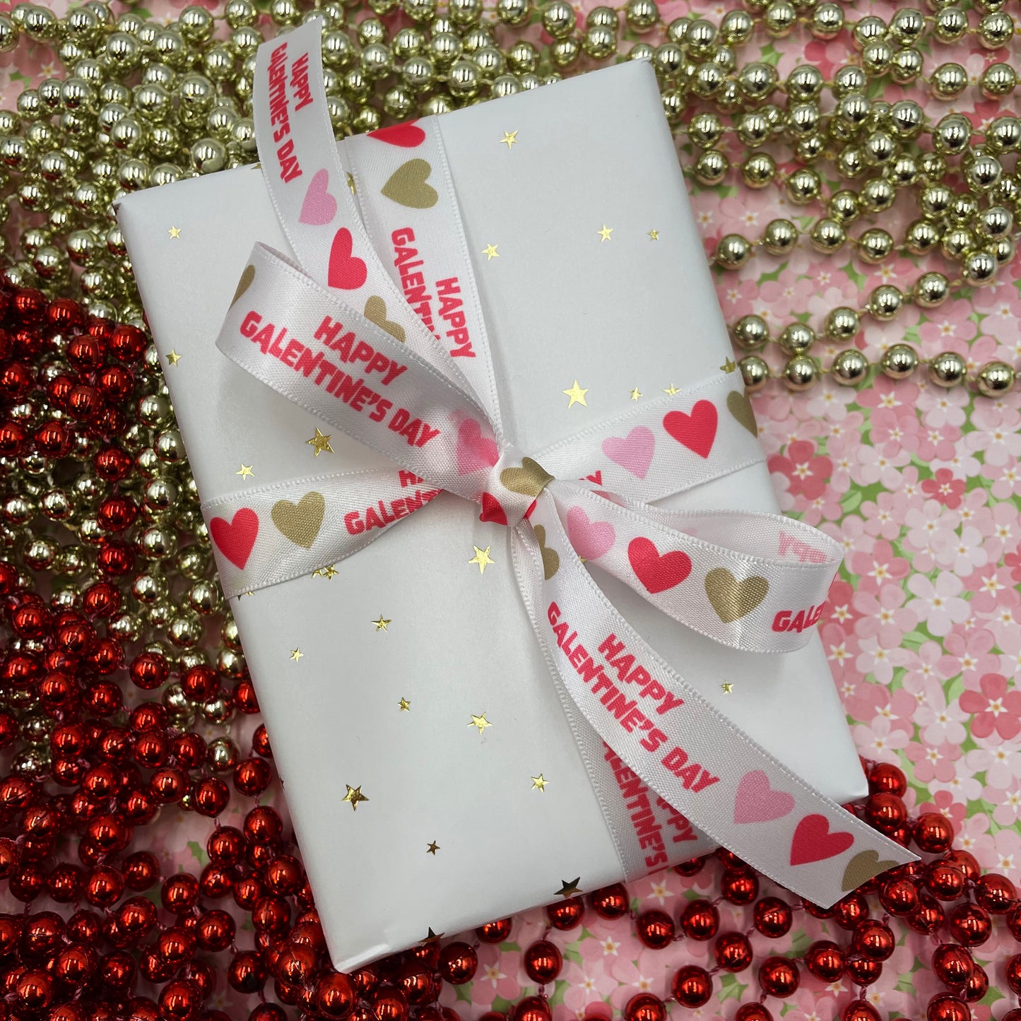Happy Galentine's Day ribbon with hearts printed on 5/8" white grosgrain