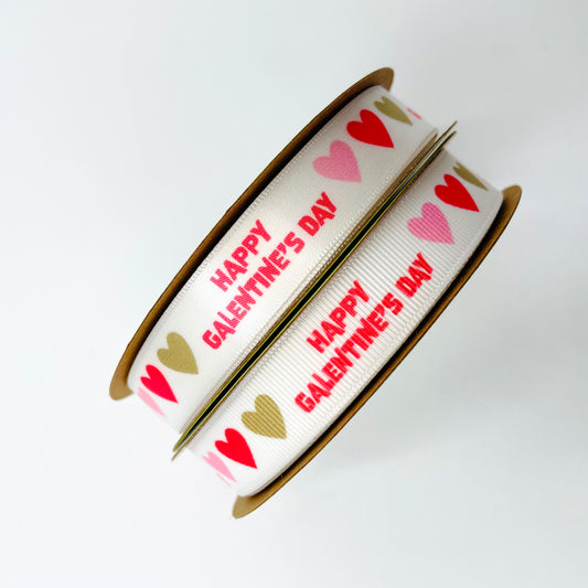 Happy Galentine's Day ribbon with hearts printed on 5/8" white grosgrain
