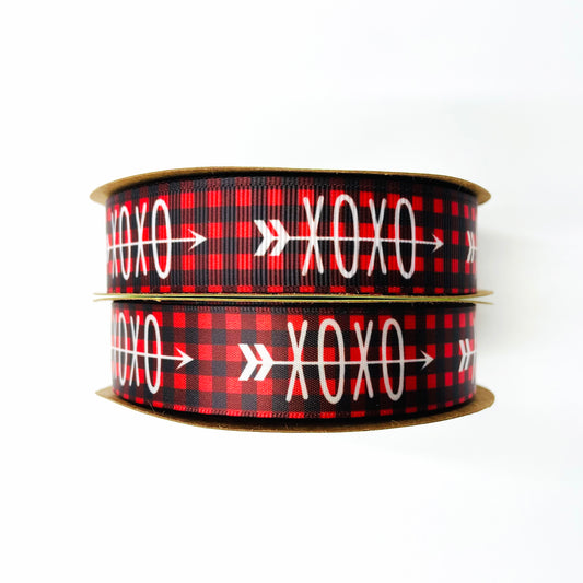 Valentine X's and O's in white on a red and black buffalo plaid background printed on 7/8" white single face satin and grosgrain