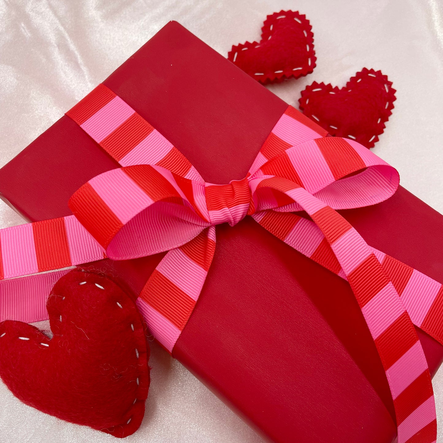 Our Pink and red stripe ribbon makes a lovely Valentine package! 
