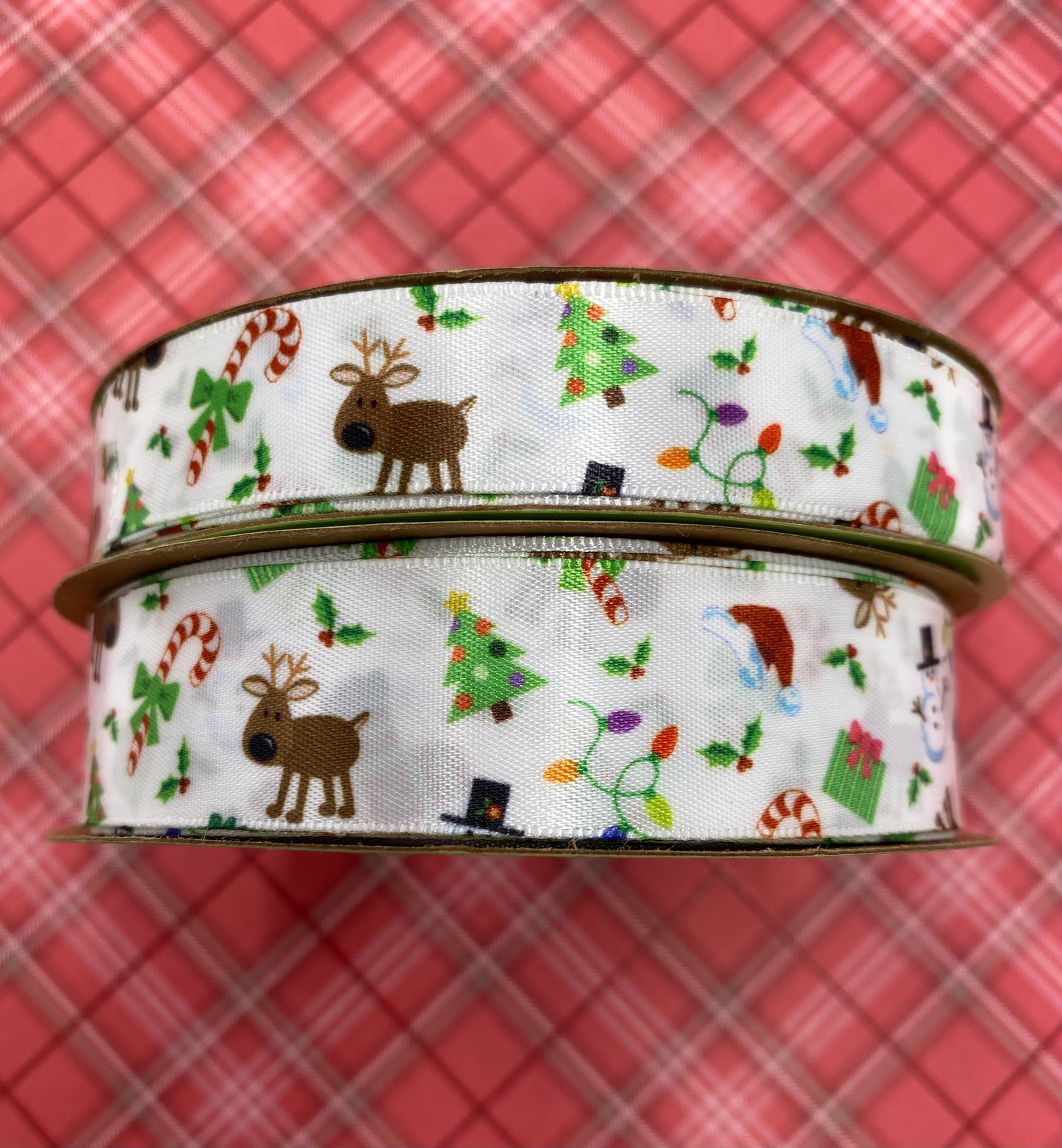 Christmas elements ribbon on  printed on 5/8"  and 7/8"  White Single Face Satin