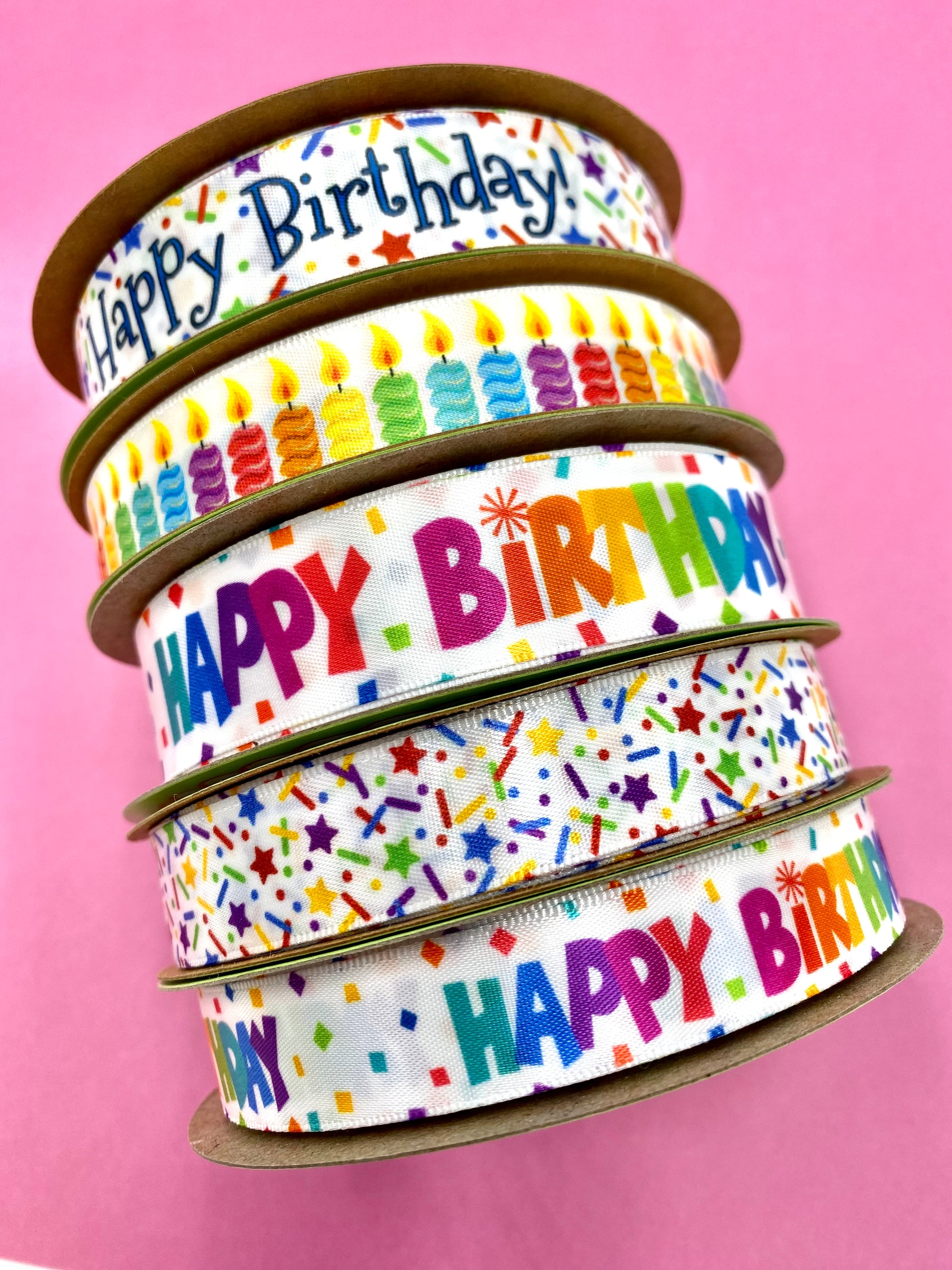 Happy Birthday with sprinkles in primary colors printed in 7/8 white  grosgrain ribbon, 10 yards