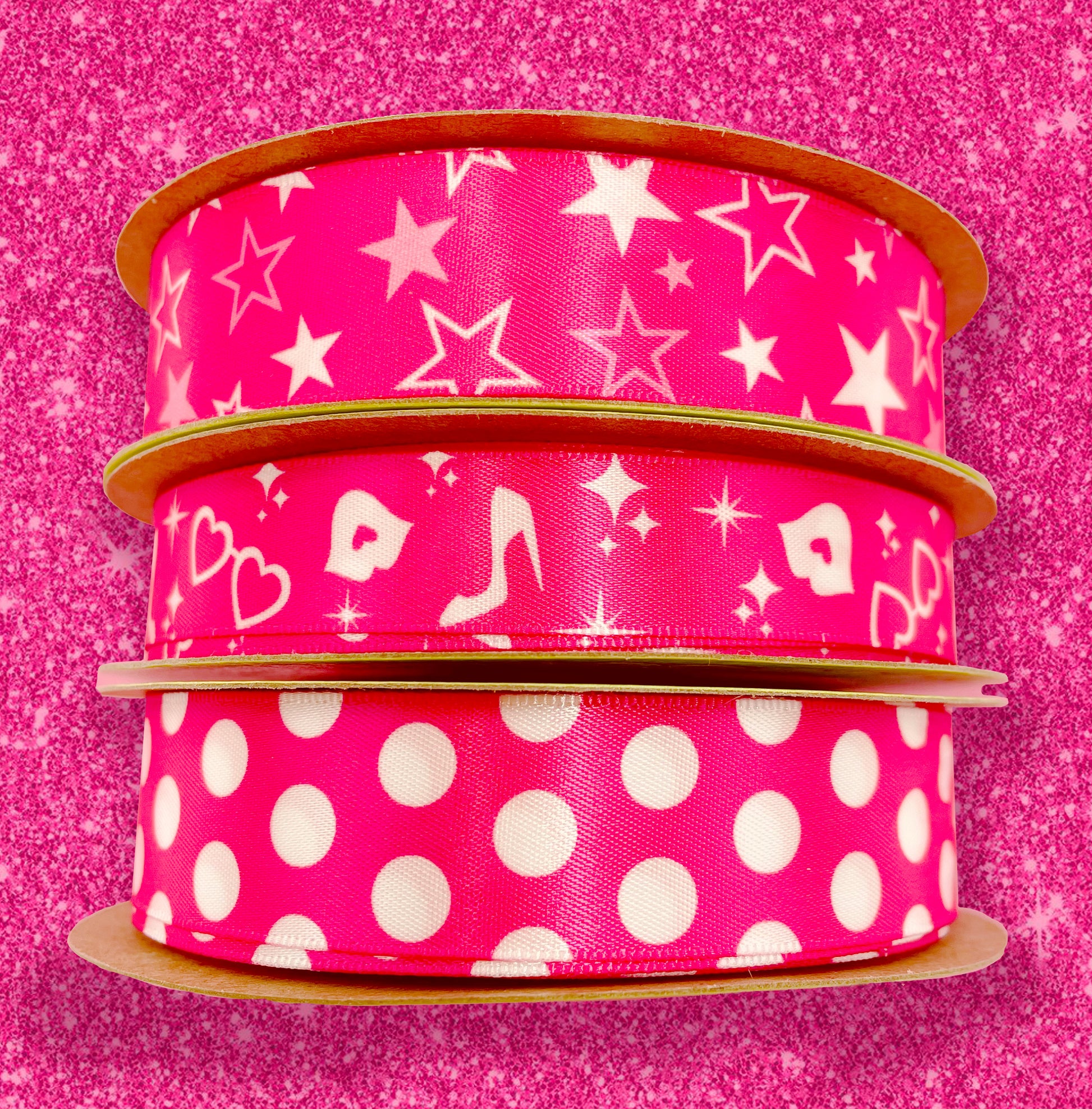 Hot pink ribbon with white stars Barbie inspired printed on 7/8 white  single face satin