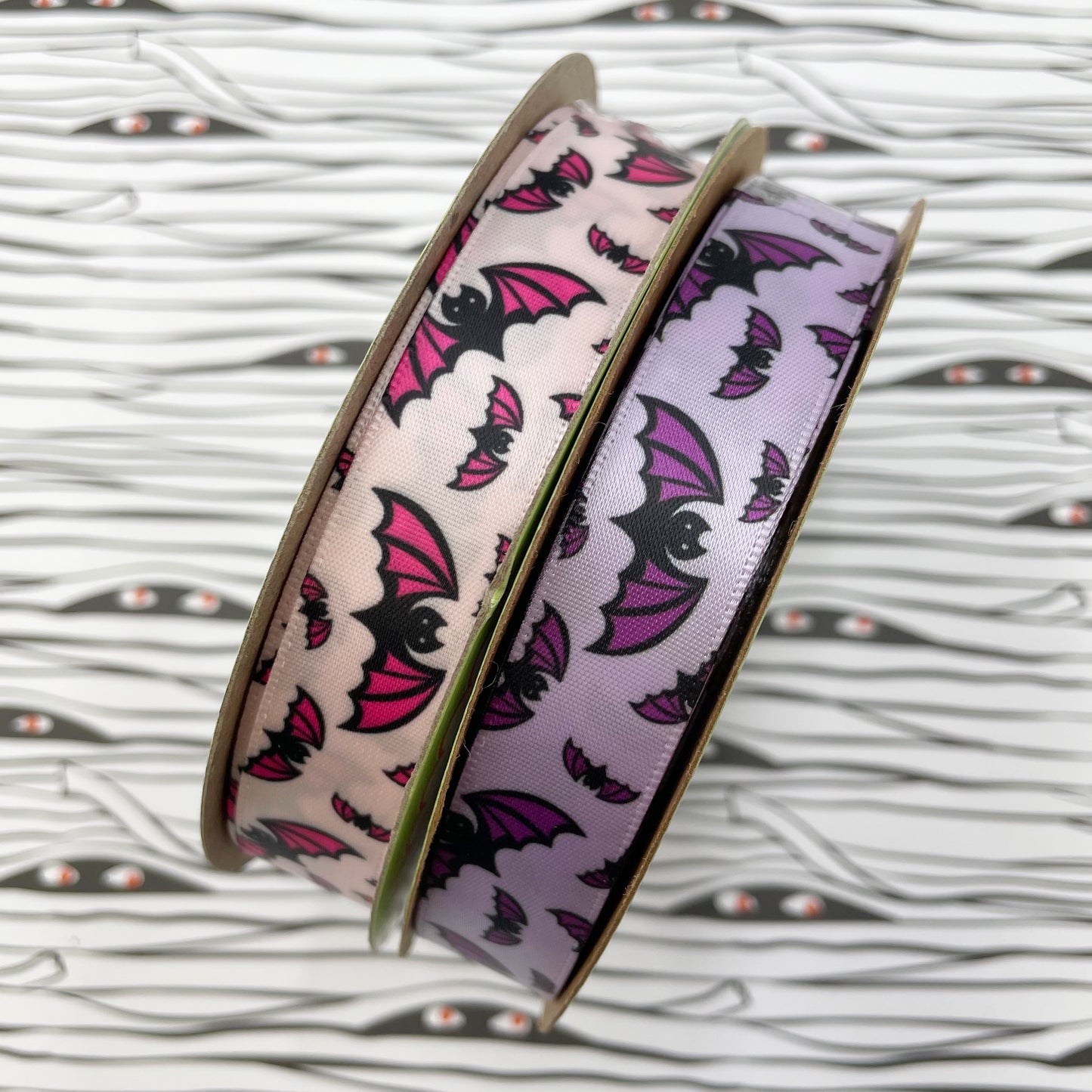Black bat ribbon for Halloween black bats with hot pink wings printed on 5/8" light orchid or light pink satin