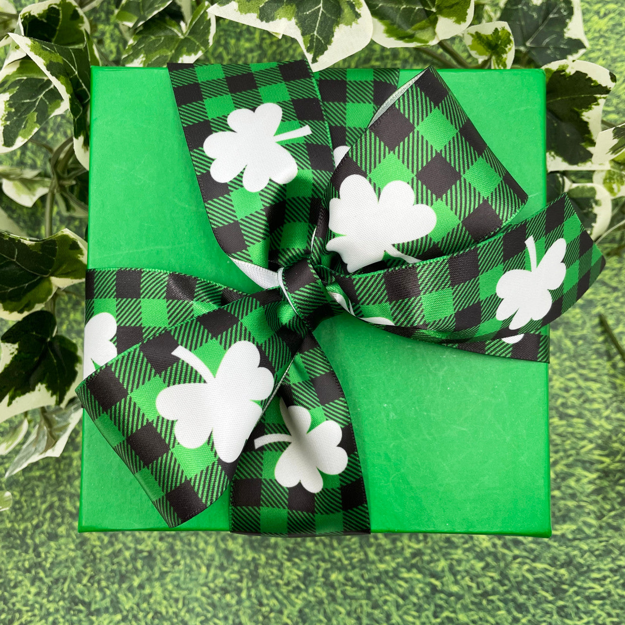 St Patrick's Day Ribbon white clover on green and black buffalo plaid background printed on 1.5" white grosgrain  and satin