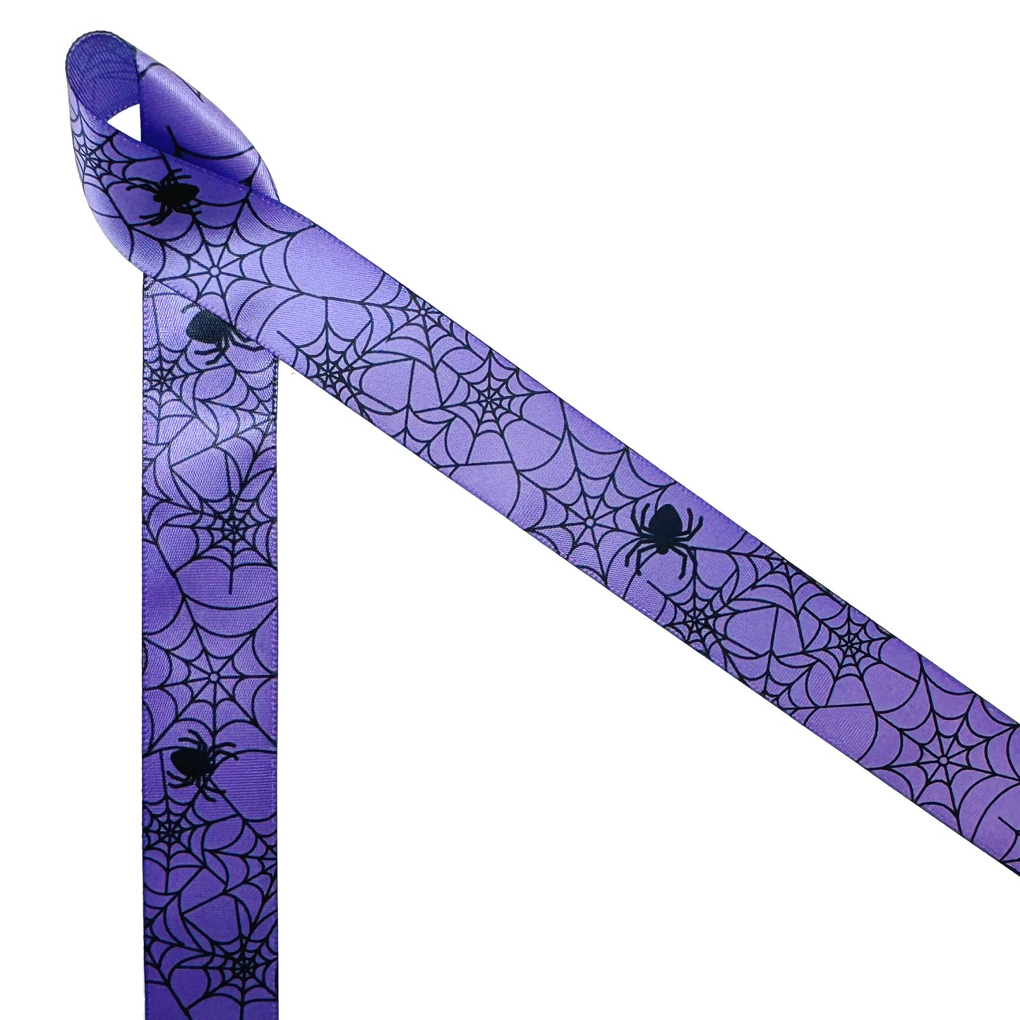 Spider Web Ribbon and Spiders in black ink on 7/8"purple single face satin ribbon