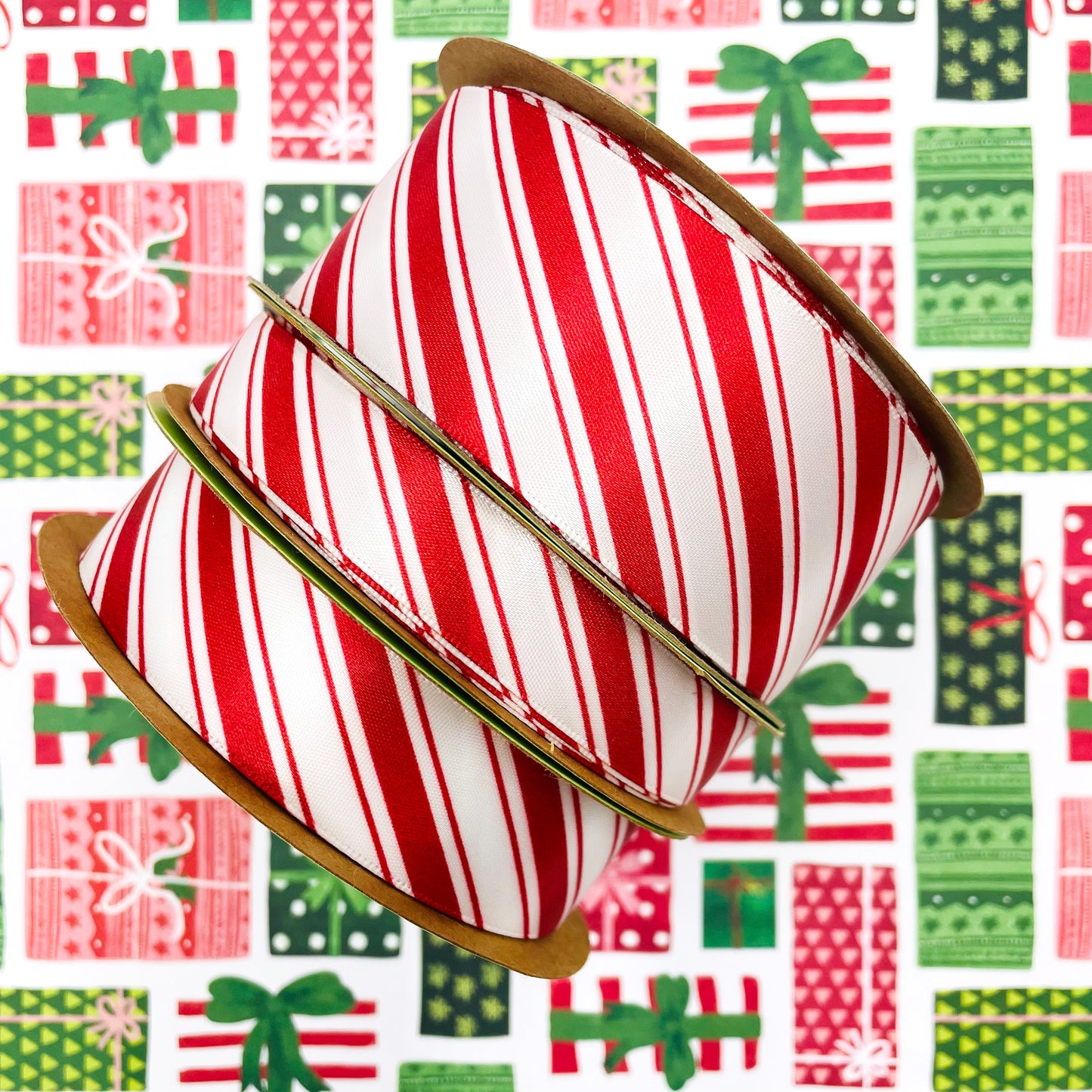 Candy Cane Stripe ribbon in red printed on 5/8", 7/8 and 1.5" white single face satin