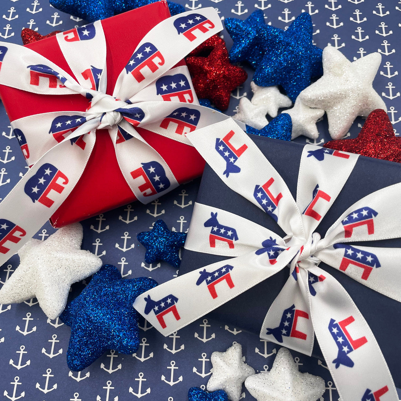 Political Party Ribbon Democrat donkey, Republican elephant for rallies, or conventions, printed on 7/8" white satin